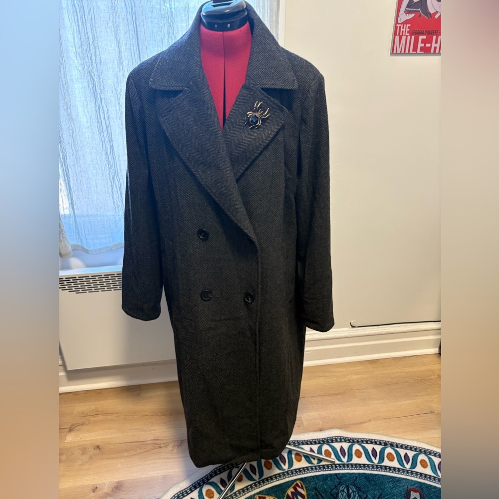 Disturbia Black and Grey Herringbone Double Breasted Overcoat